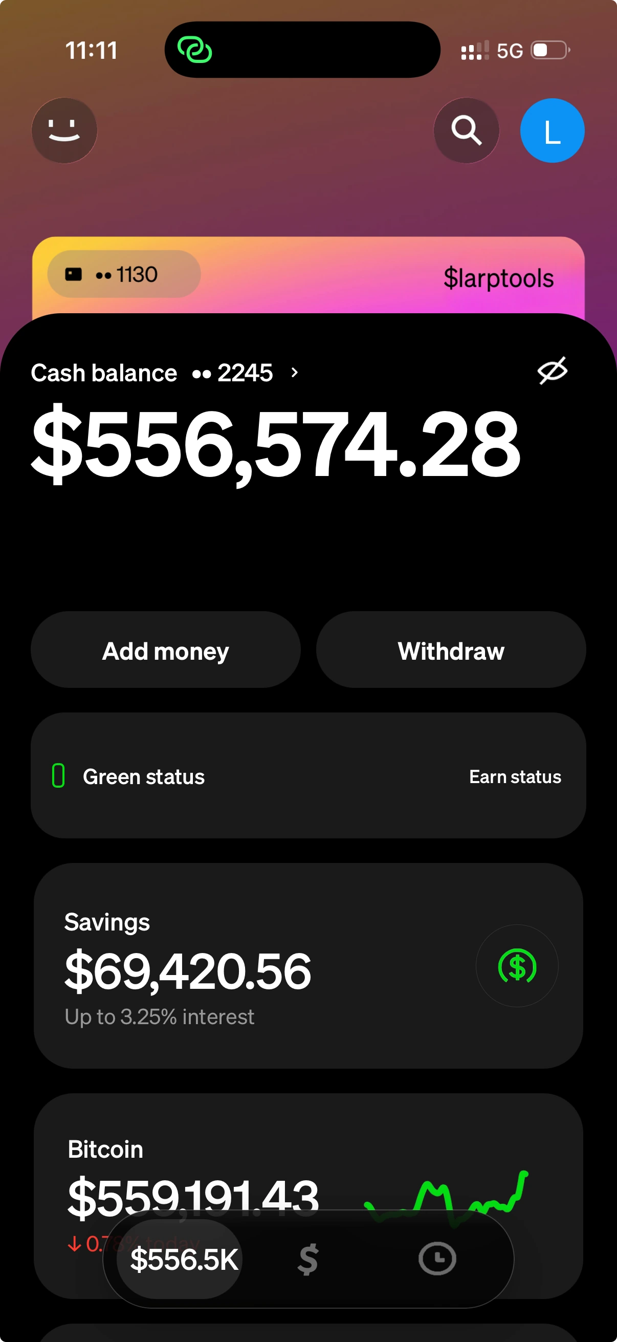 LarpTools payment simulation showing a custom cash balance, savings, and Bitcoin.