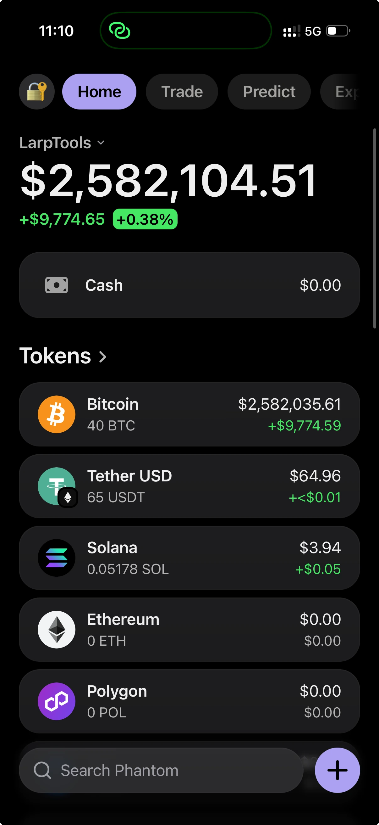 LarpTools wallet simulation showing a custom portfolio balance and token list.
